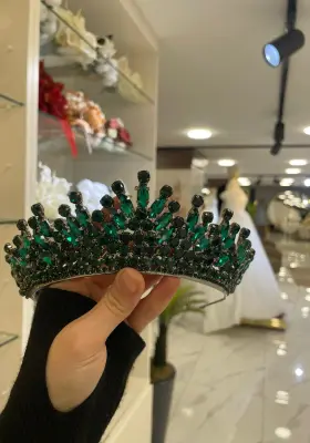Zümrüt Yeşili Zirkon Taşlı Gelin Tacı